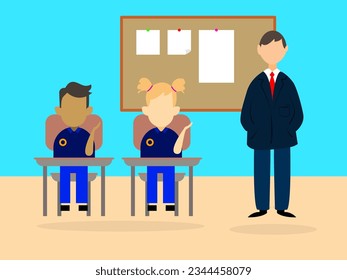 Three children sitting at the desks, participating in school, back to school, they are with their professor