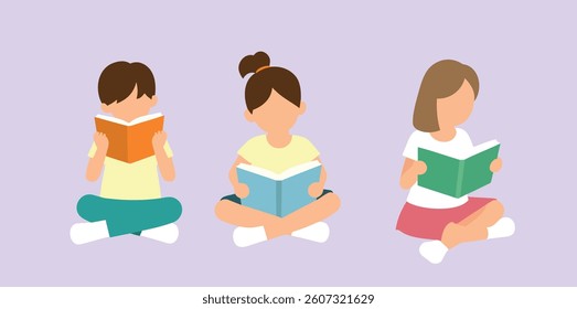 three children sitting -legged and reading books