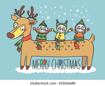 Three children sitting on the back of a deer. Everyone is happy. Christmas background with the inscription