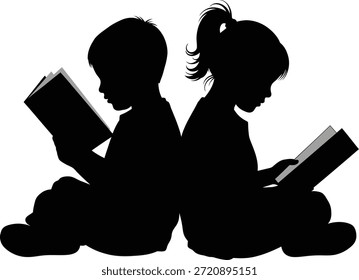 Tres niños están sentados y leyendo libros en silueta contra un fondo blanco en una Imagen de fila