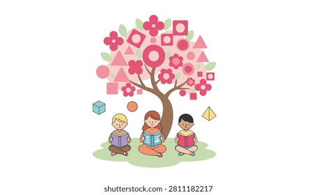 Three children sitting under a cherry blossom tree reading books while surrounded by colorful floating geometric shapes and math symbols.