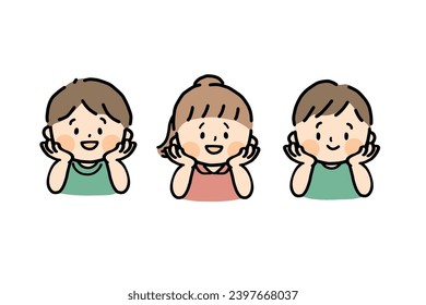 The three children smile and put their hands on their cheeks.