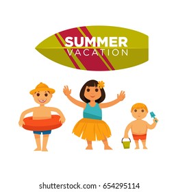 Three children spending happily summer vacations vector poster