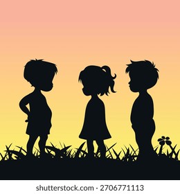 Three children stand in the grass black silhouette of children in a calm stance