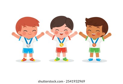 Three children stand together, beaming with pride as they joyfully celebrate their hard-earned award. Celebrating victory  concept