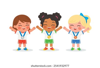 Three children stand together, beaming with pride as they joyfully celebrate their hard-earned award. Celebrating victory  concept