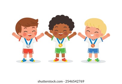 Three children stand together, beaming with pride as they joyfully celebrate their hard-earned award. Celebrating victory  concept