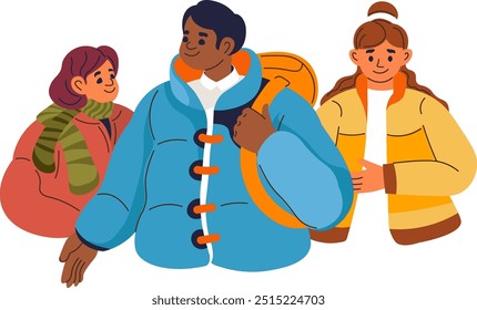 Tres niños o estudiantes vistiendo chaquetas abrigadas y ropa de invierno en un estilo plano simple. Ilustración vectorial colorida, aislada en un fondo blanco. Adecuado para el invierno, la escuela y el estudiante
