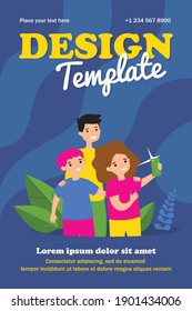 Three children taking selfie on smartphone. Cellphone, camera, friend flat vector illustration. Friendship and digital technology concept for banner, website design or landing web page