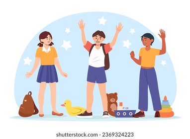 Three children with toys concept. Boys and girls with backpacks and rubber duck, colorful pyramid. Entertainment and leisure. Teddy bear near boat. Cartoon flat vector illustration