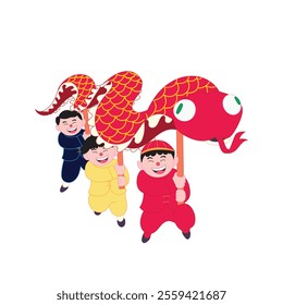 Three children in traditional Chinese attire joyfully playing with a red snake dance costume.