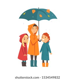 Three children under an umbrella cartoon vector illustration
