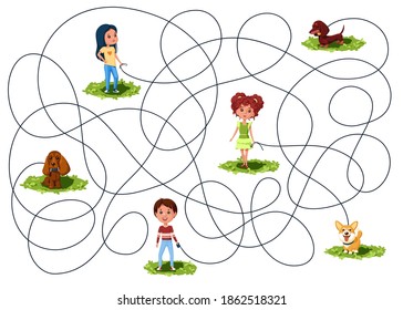 Three children walk on the lawn the dogs on leashes. Guess where is whose dog is? Children's picture puzzle with tangled lines.
