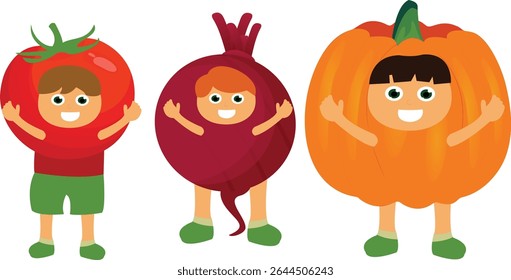 Three children wear costumes shaped like tomato, beet, and pumpkin, showcasing playful creativity.