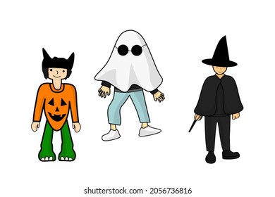 
three children wearing unique costumes for halloween celebration,
1. pumpkin monster
2. modern white ghost
3. witch