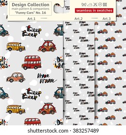 Three children's car, bus, auto theme seamless backgrounds with textile sampler on hanger. Seamless patterns background in kids style.