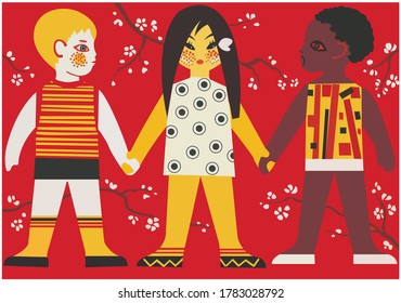 three children's figures in the form of children of different nations