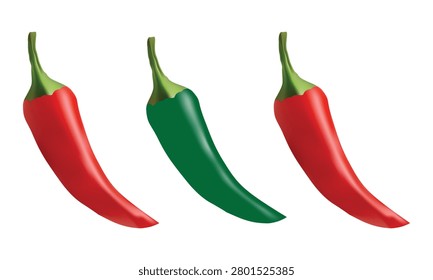 Three chili peppers of different colors