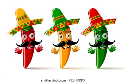 Three chilli pepper characters with sombrero hat on white background