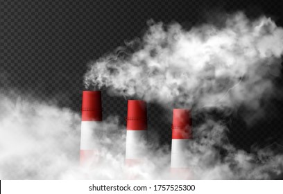 Three chimneys emits thick smoke clouds. Ecology related urban realistic vector illustration isolated on the dark transparent background.