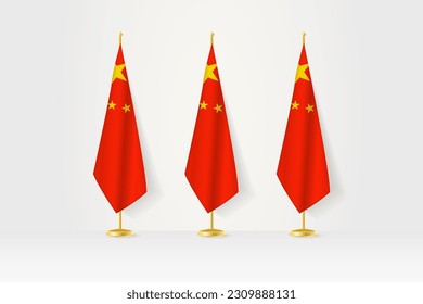 Three China flags in a row on a golden stand, illustration of press conference and other meetings. Vector illustration.