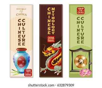 Three china travel vertical banner set with Chinese culture and mythology headlines vector illustration