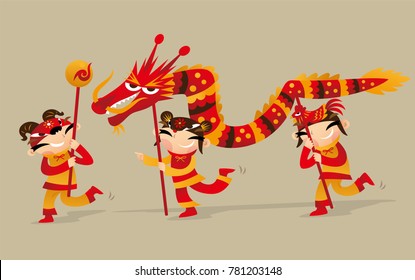 Three Chinese Kids Playing Dragon Dance Stock Vector (royalty Free 