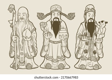 Three Chinese lucky gods, Fu Lu Shou. (Hock Lok Siew) - Out line