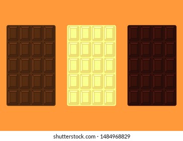 Three chocolate bars: dark, white and milk