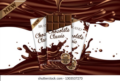 Three chocolate bars on liquid chocolate texture background.