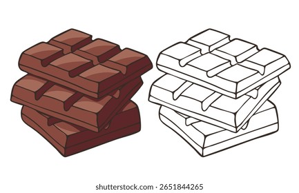 Três barras de chocolate. Ilustração em contorno e à mão. Perfeito para ilustrações de alimentos, design de embalagem ou materiais educacionais.