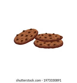 Three chocolate cookies on white background flat vector illustration