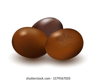 Three chocolate Easter realistic eggs. Sweet, voluminous, dark, white and milk chocolate eggs with shadow isolated on white background. Surround 3d vector illustration.