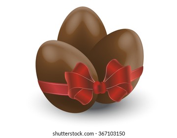 three chocolate eggs and red bow, volume image, Easter eggs