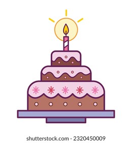 Three chocolate layered birthday cake with one red candle and strawberry icing full colored vector icon outlined isolated on square white background. Simple flat minimalist outlined drawing.