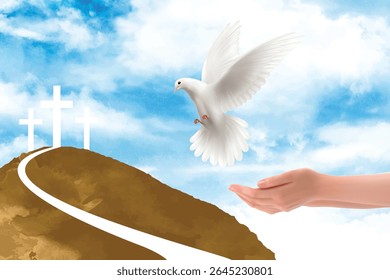 Three Christian white crosses on the mountain, a dove symbol of the spirit and hands releasing doves on a blue background of sky and clouds.Isolated, close-up