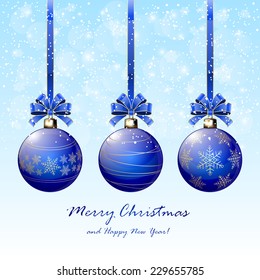 Three Christmas balls with bow on blue background, illustration.