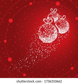Three Christmas balls formed by a magical trail of flying points on red background