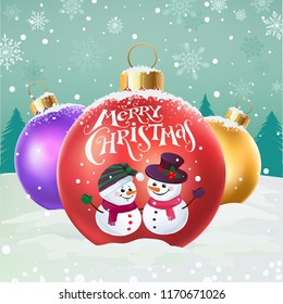 Three Christmas balls with funny snowmen  on snowy background with holiday lettering.  Merry Christmas vector illustration.