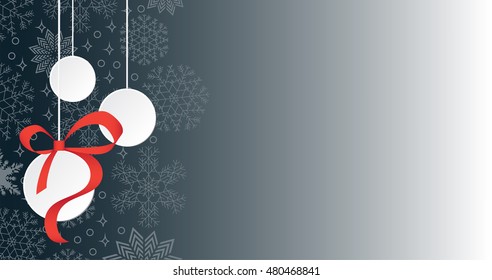 Three Christmas balls hanging, on snowing background. Vector illustration with copy space