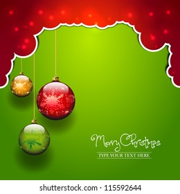 Three Christmas balls on abstract red and green background - vector