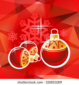 Three Christmas balls on a red polygonal background.