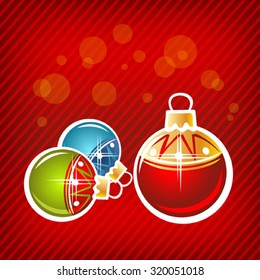 Three Christmas balls on a red striped background.