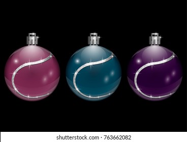Three Christmas balls pink, blue and purple on a black background