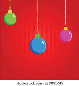 Three Christmas balls and red background