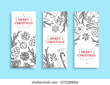 Three Christmas banner. Vector hand drawn illustration with pine cone, evergreen, fir tree. Engraved traditional xmas decoration botanical and gifts element. Greeting card, holiday label