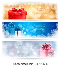 Three christmas banners and gift boxes   snowflake  Vector illustration 