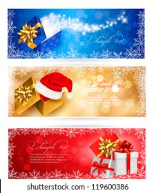 Three christmas banners with gift boxes and snowflakes. Vector illustration.