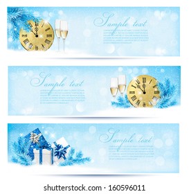 Three christmas banners with gift boxes and snowflake. Vector illustration. 