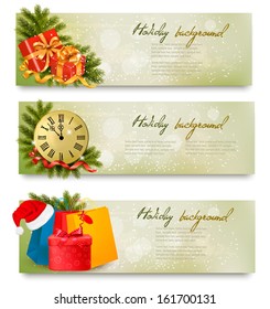 Three christmas banners with gift boxes and snowflake. Vector illustration. 